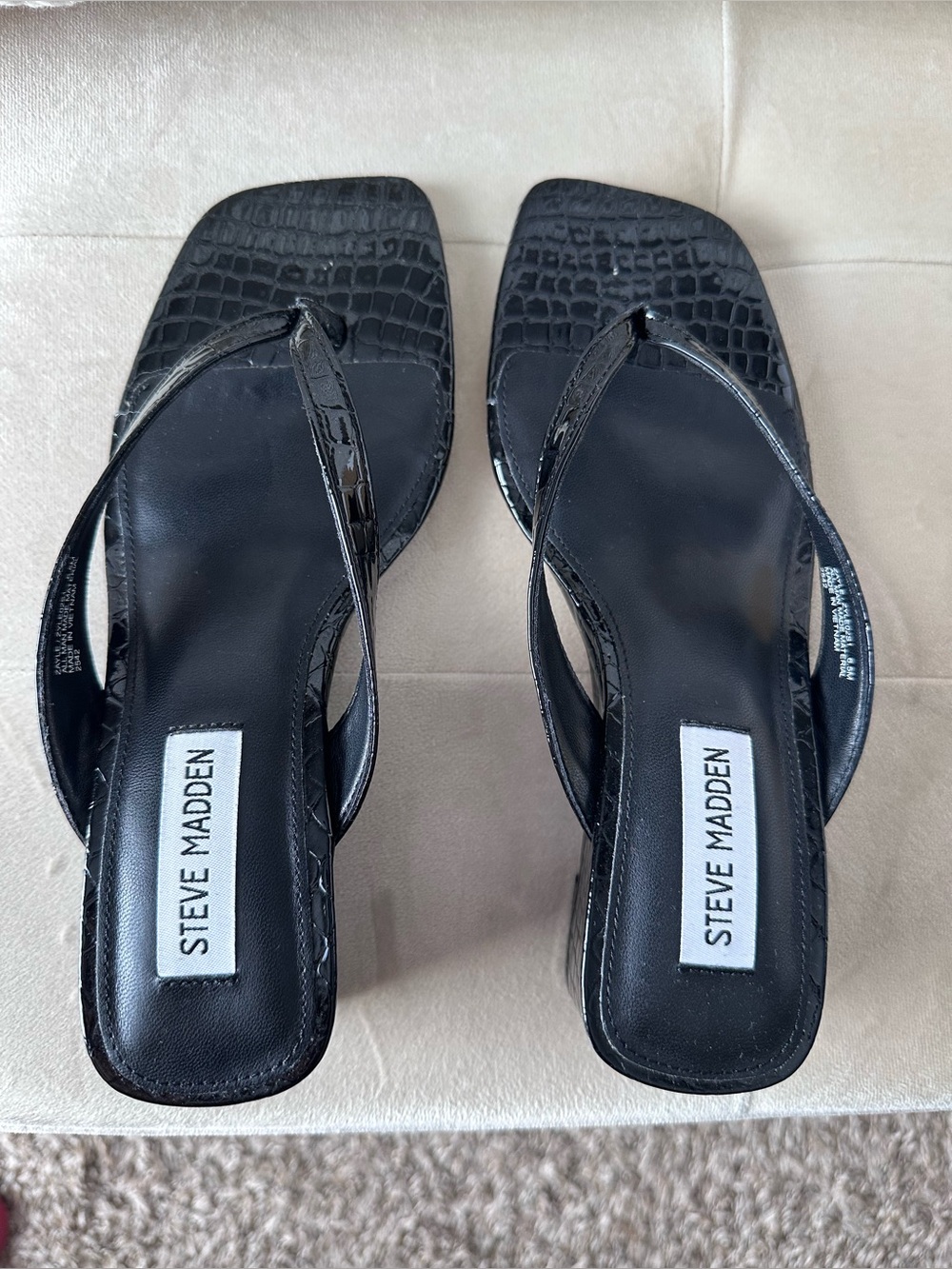 Steve Madden Women’s Black Croc-Embossed Square-Toe Thong Sandals